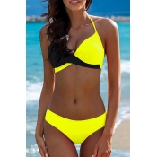 Lovely Halter Neck Patchwork Yellow Two-piece Swim