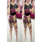 Lovely Casual Floral Printed Black Two-piece Short