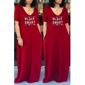 Lovely Casual V Neck Letter Printed Red Floor Leng