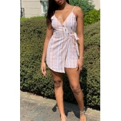 Lovely Stylish V Neck Striped White One-piece Romp