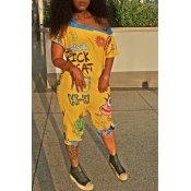 Lovely Casual Letter Printed Yellow Loose One-piec