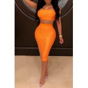 Lovely Sexy Off The Shoulder Orange Two-piece Skir