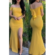 Lovely Casual Side Slit Yellow Ankle Length Evenin