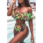 Lovely Off The Shoulder Printed Green Two-piece Sw