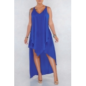 Lovely Casual V Neck Asymmetrical Blue Mid Calf Dr