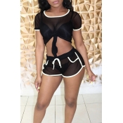 Lovely Casual Mesh Patchwork Black Two-piece Short