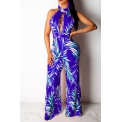 Lovely Sexy Printed Hollow-out Blue One-piece Jump