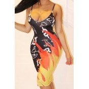 Lovely Sexy Spaghetti Straps Printed Knee Length D