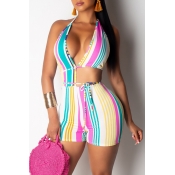 Lovely Sexy Halter Neck Striped Printed Hollow-out