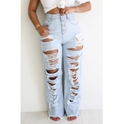 Lovely Trendy Broken Holes Baby Blue Jeans