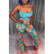 Lovely Stylish Spaghetti Straps Printed Baby Blue 