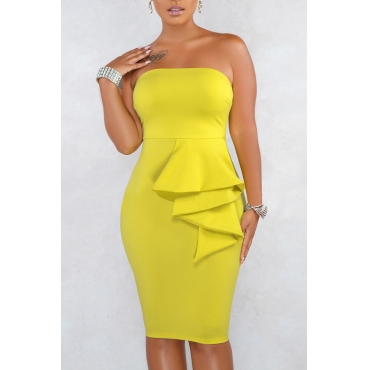 Lovely Work Off The Shoulder Ruffle Design Yellow Knee Length A Line ...