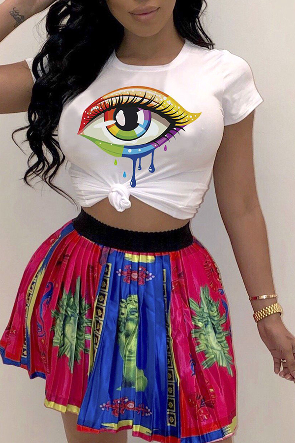 

Lovely Leisure O Neck Eye Printed White T-shirt
