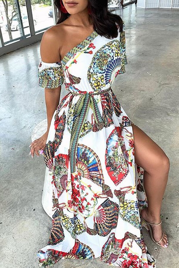 

Lovely Stylish One Shoulder Printed Side Split Green Floor Length Dress