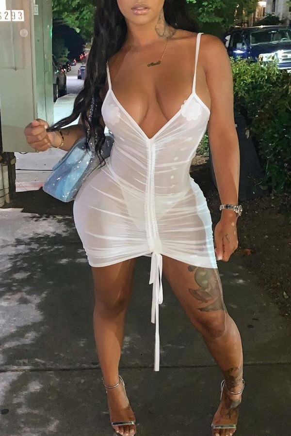 Lovely Sexy V Neck See-through White Mini Dress(Without Lining)