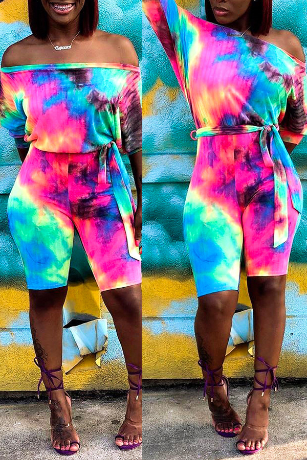 Lovely Casual Off The Shoulder Tie-dye Printed Multicolor One-piece Romper