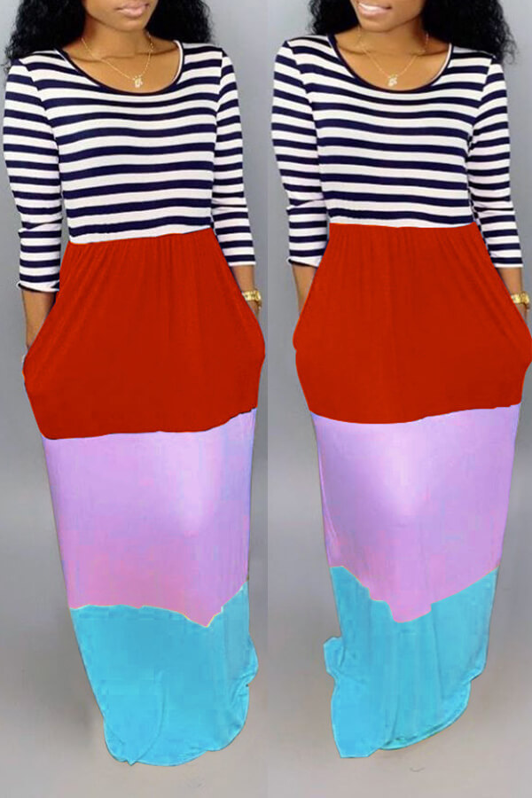 Lovely Bohemian O Neck Striped Patchwork Red Floor Length Maxi Dress