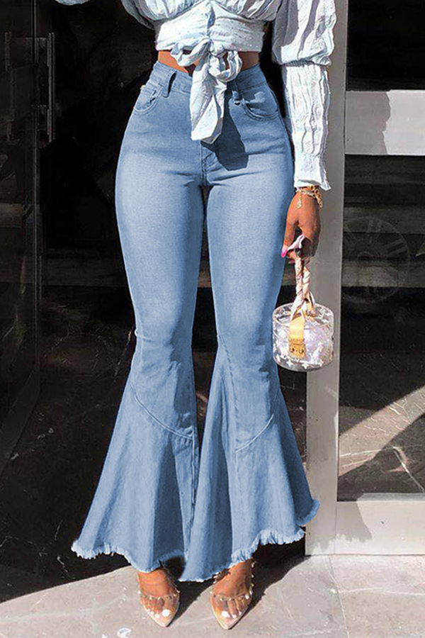 Lovely Stylish High Waist Zipper Design Blue Jeans