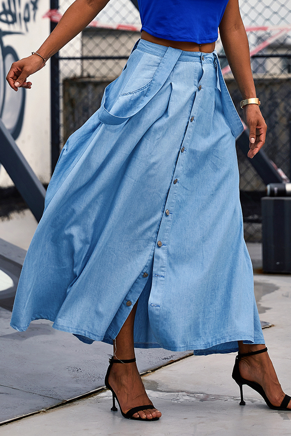 

Lovely Casual Button Decorative Blue Ankle Length Skirts