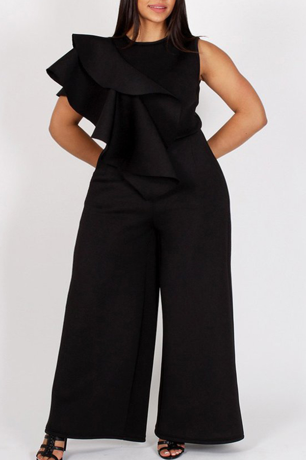 

Lovely Stylish Flounce Design Black Plus Size One-piece Jumpsuit