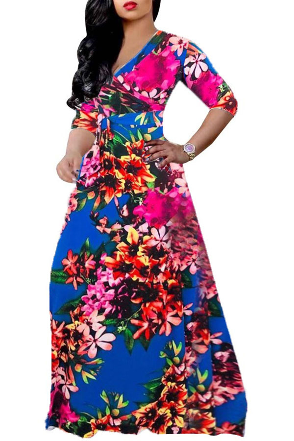 

Lovely Sweet V Neck Printed Blue Floor Length Dress