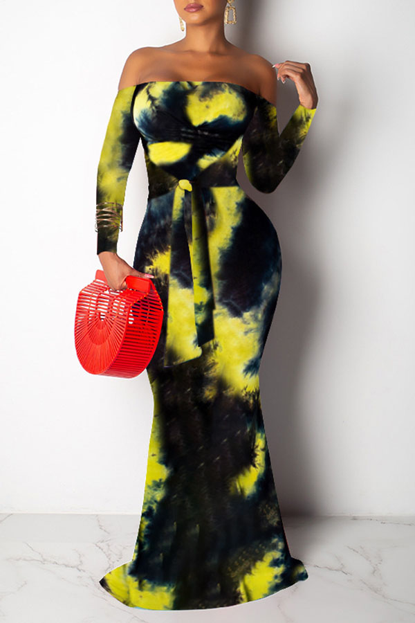 

Lovely Casual Off The Shoulder Tie-dye Yellow Floor Length Dress