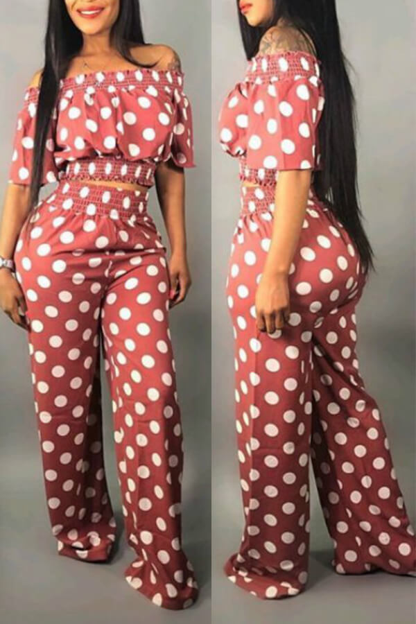 

LW Sweet Off The Shoulder Dot Printed Pink Two-piece Pants Set