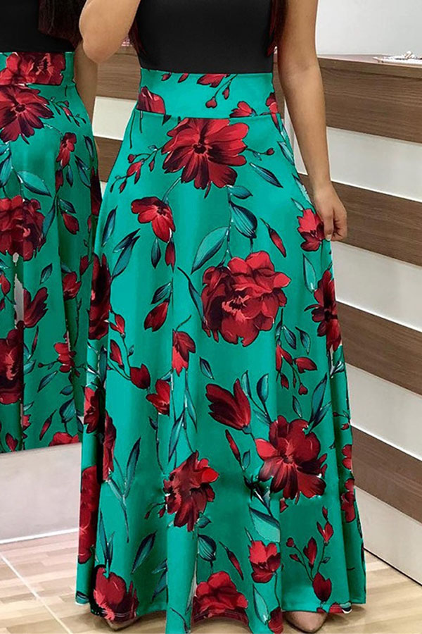 Lovely Stylish High Waist Floral Printed Green Ankle Length A Line Skirt