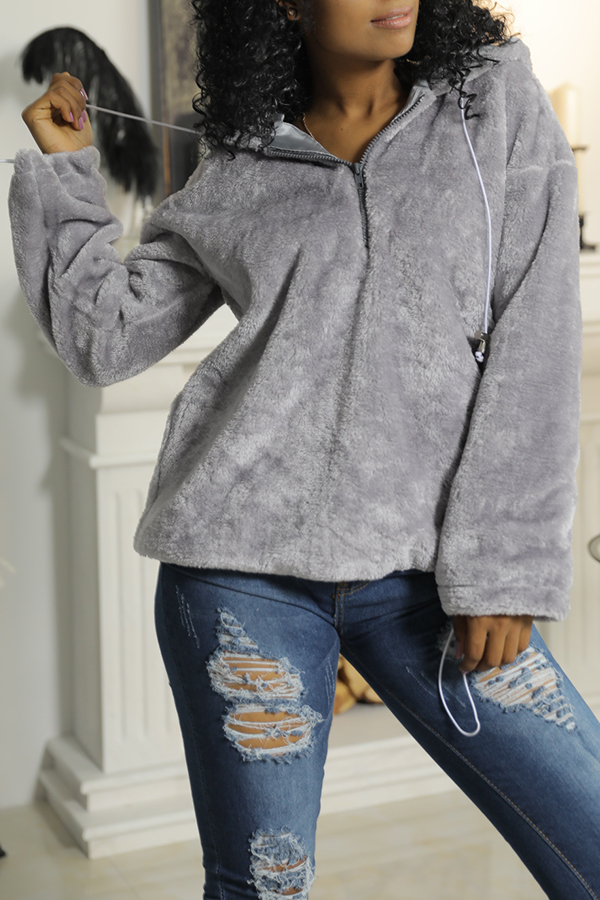 

Lovely Chic Hooded Collar Zipper Design Grey Velvet Hoodie