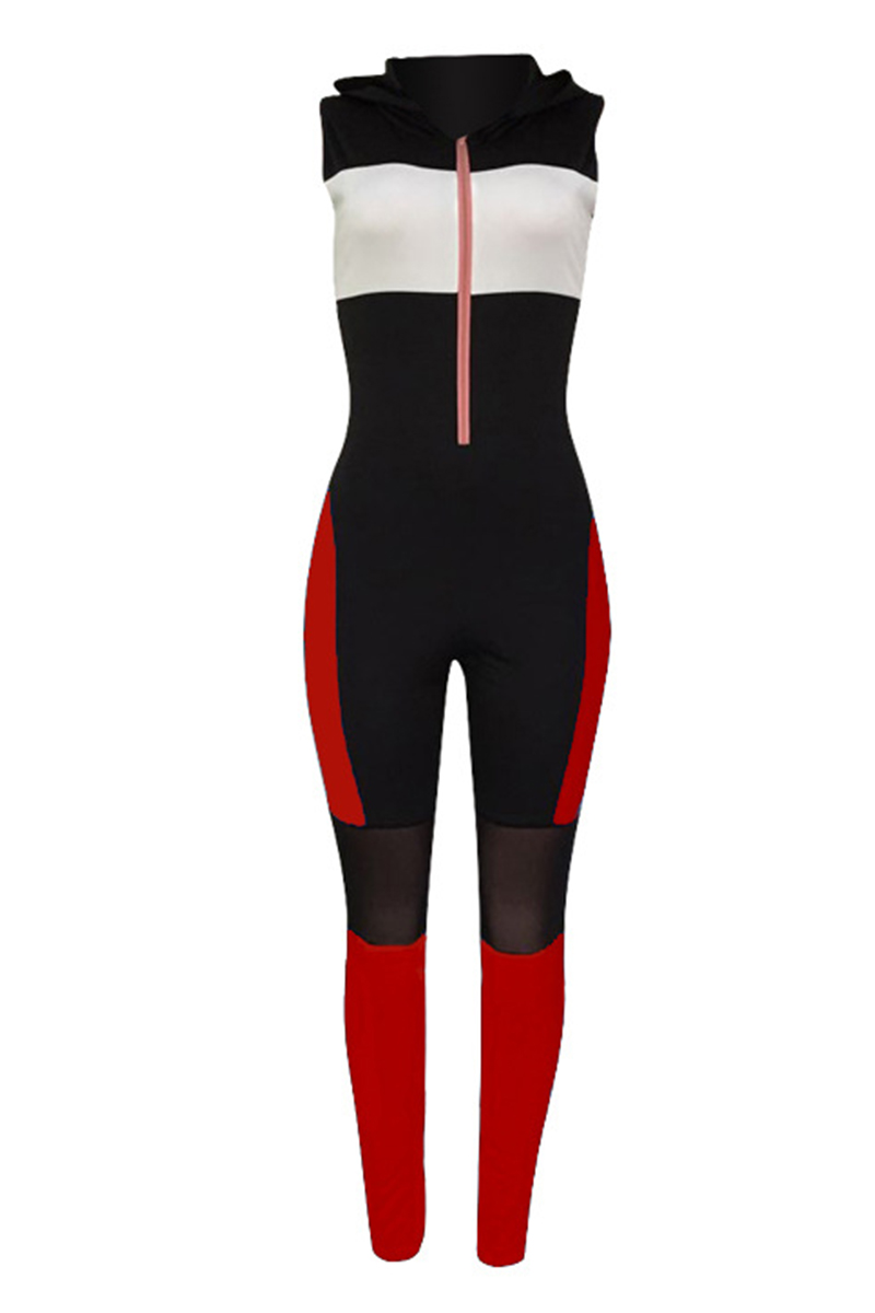 Lovely Casual Hooded Collar Patchwork Red Onepiece Jumpsuit_Jumpsuit