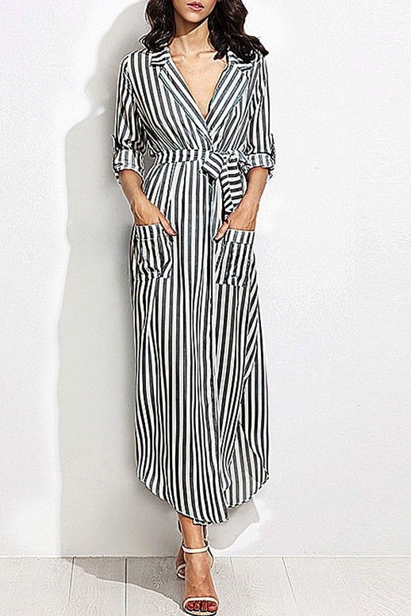 

Lovely Casual Turndown Collar Striped Black Ankle Length OL Dress