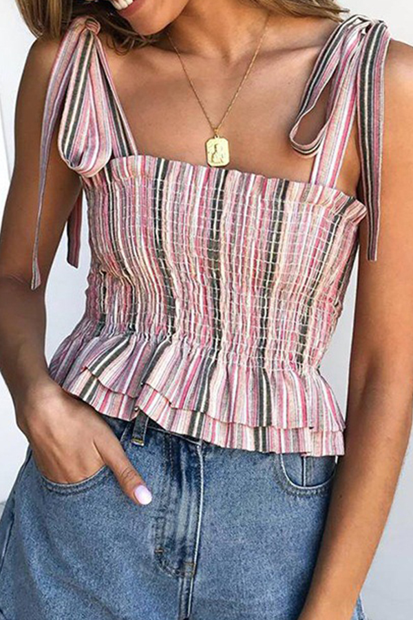 Lovely Sweet Spaghetti Straps Striped Light Pink Tank Top