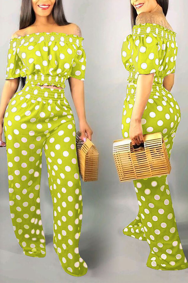 

Lovely Sweet Off The Shoulder Dot Printed Green Two-piece Pants Set