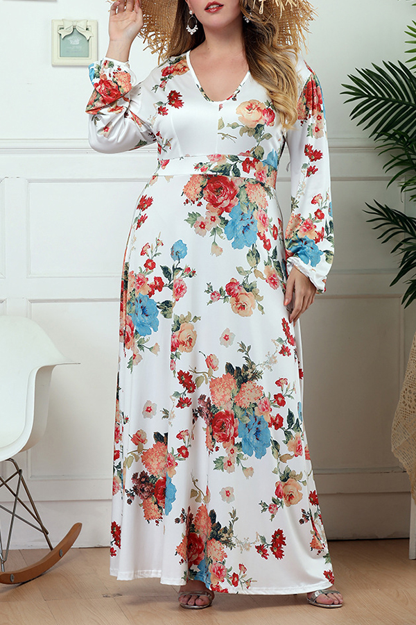 

Lovely Bohemian U Neck Floral Printed White Floor Length A Line Plus Size Dress