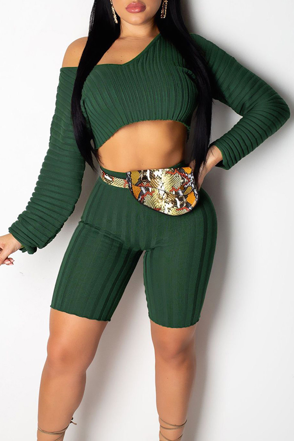 

Lovely Casual Cold Shoulder Blackish Green Two-piece Shorts Set, Black green