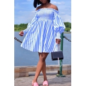 Lovely Sweet Off The Shoulder Striped Blue Mini A 