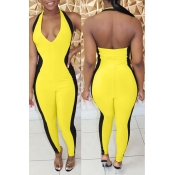 Lovely Sportswear Patchwork Yellow One-piece Jumps