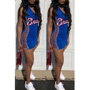 Lovely Casual Sleeveless Side Hollow-out Deep Blue