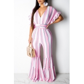 Lovely Sweet Flounce Design Striped Light Pink One