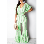 Lovely Sweet Flounce Design Striped Green One-piec