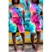 Lovely Casual Off The Shoulder Tie-dye Printed Mul