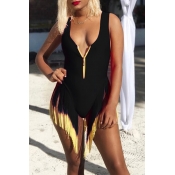 Lovely Tassel Design Black One-piece Swimwear