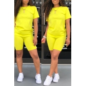 Lovely Casual O Neck Yellow Two-piece Shorts Set