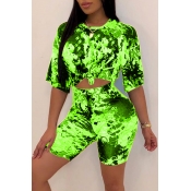 Lovely Casual O Neck Printed Green Two-piece Short