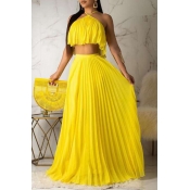 Lovely Sweet Halter Neck Drape Design Yellow Two-p