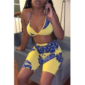 Lovely Casual Halter Neck Printed Yellow Two-piece