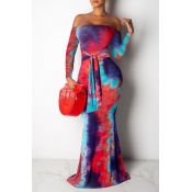 Lovely Casual Off The Shoulder Tie-dye Red Floor L