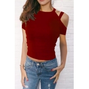 Lovely Casual O Neck Hollow-out Red T-shirt