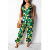 Lovely Leisure Floral Printed Green One-piece Jump