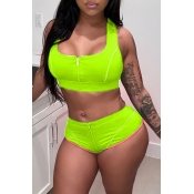 Lovely Casual Zipper Design Green Two-piece Shorts